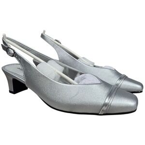 Easy Street Silver Satin Sayo Slingback Heels Women's Size 6N Dance Flex Outsole